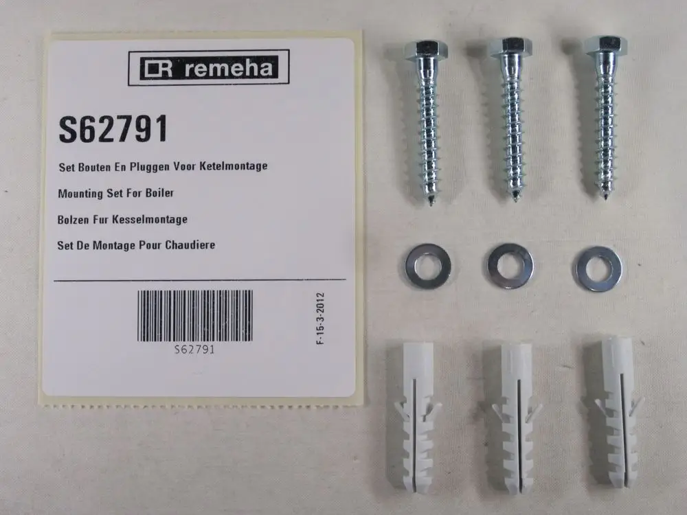 Montageset von Remeha mit Schrauben, Unterlegscheiben und Dübel für die Befestigung eines Boilers. Verpackung zeigt mehrsprachige Beschreibung.